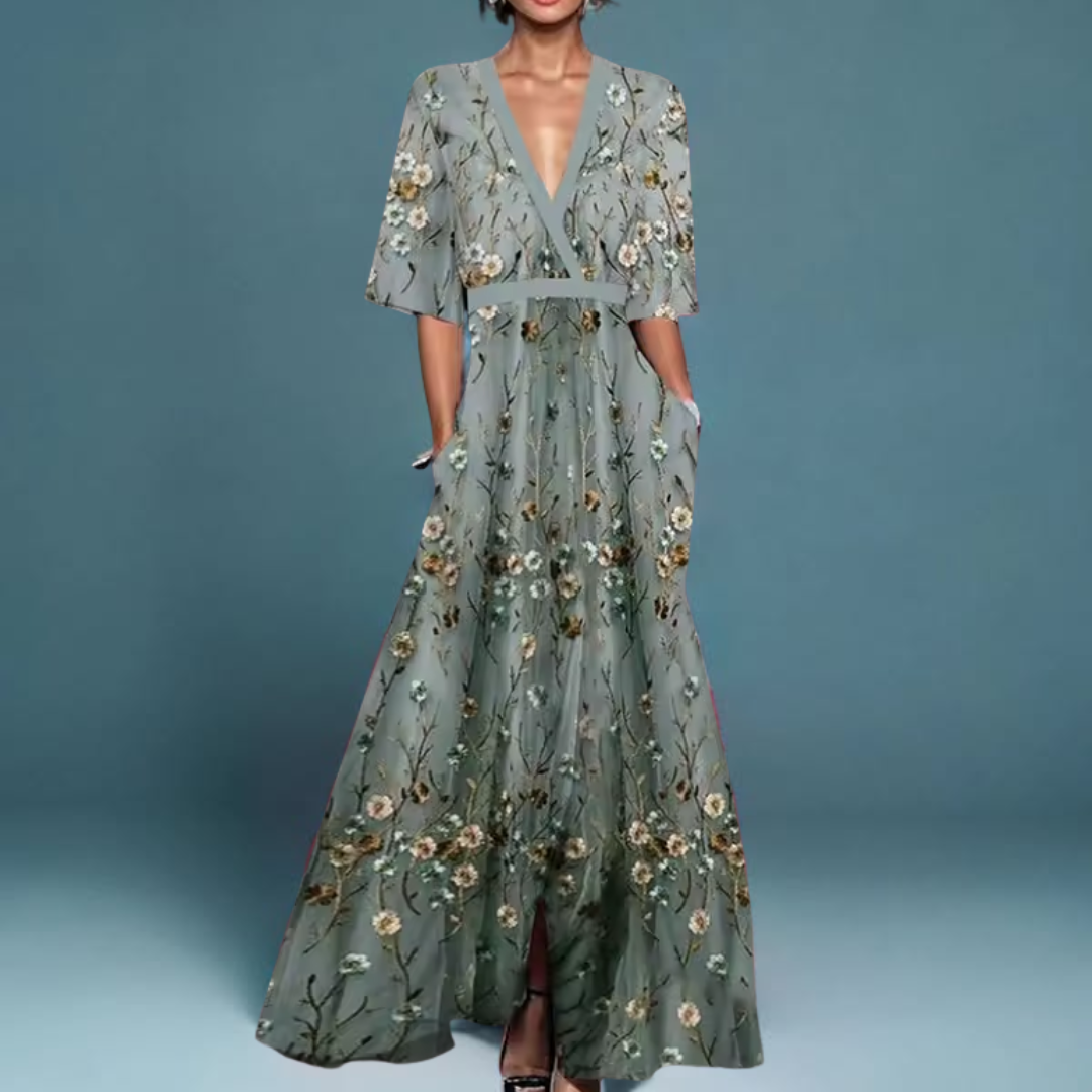 Hazel - Belted V-Neck Floral Maxi Dress