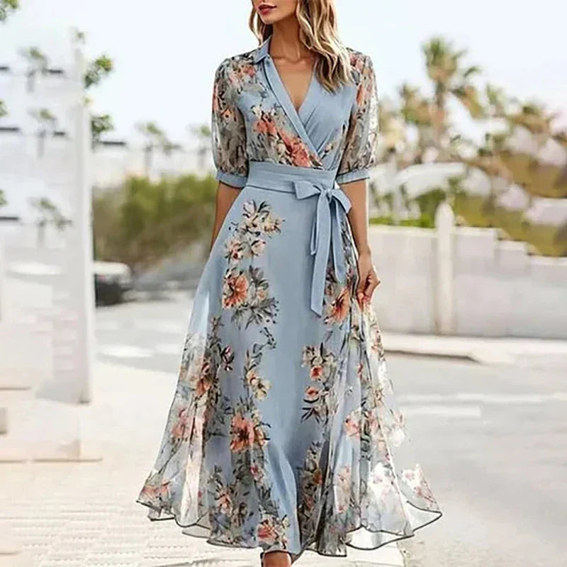 Vanessa™ - Boho Maxi Dress with V-neck and Bow